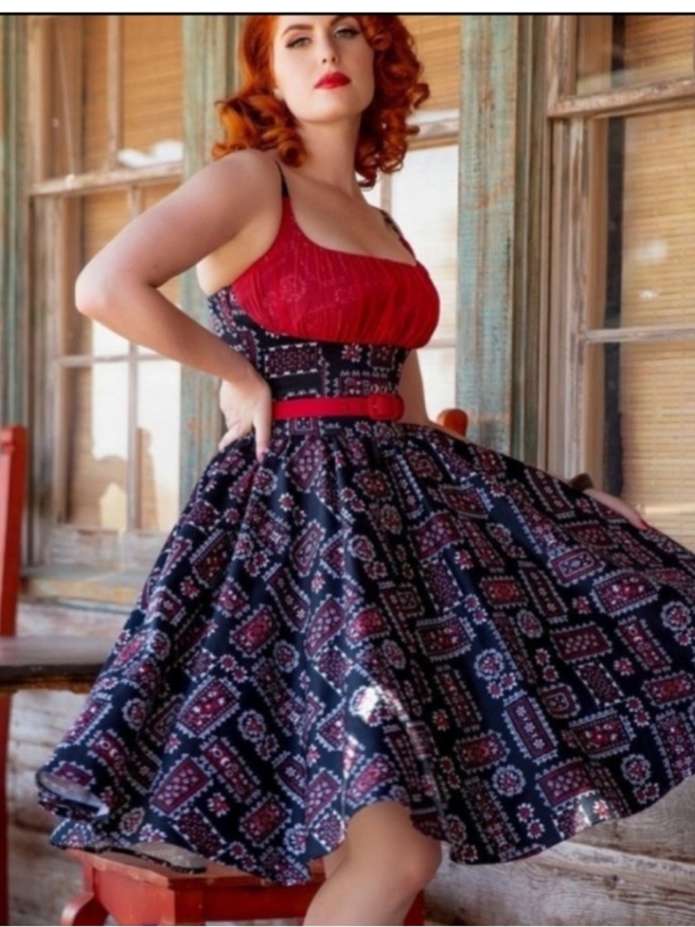 Pinup Couture Holly Bandana Print Black and Red Dress